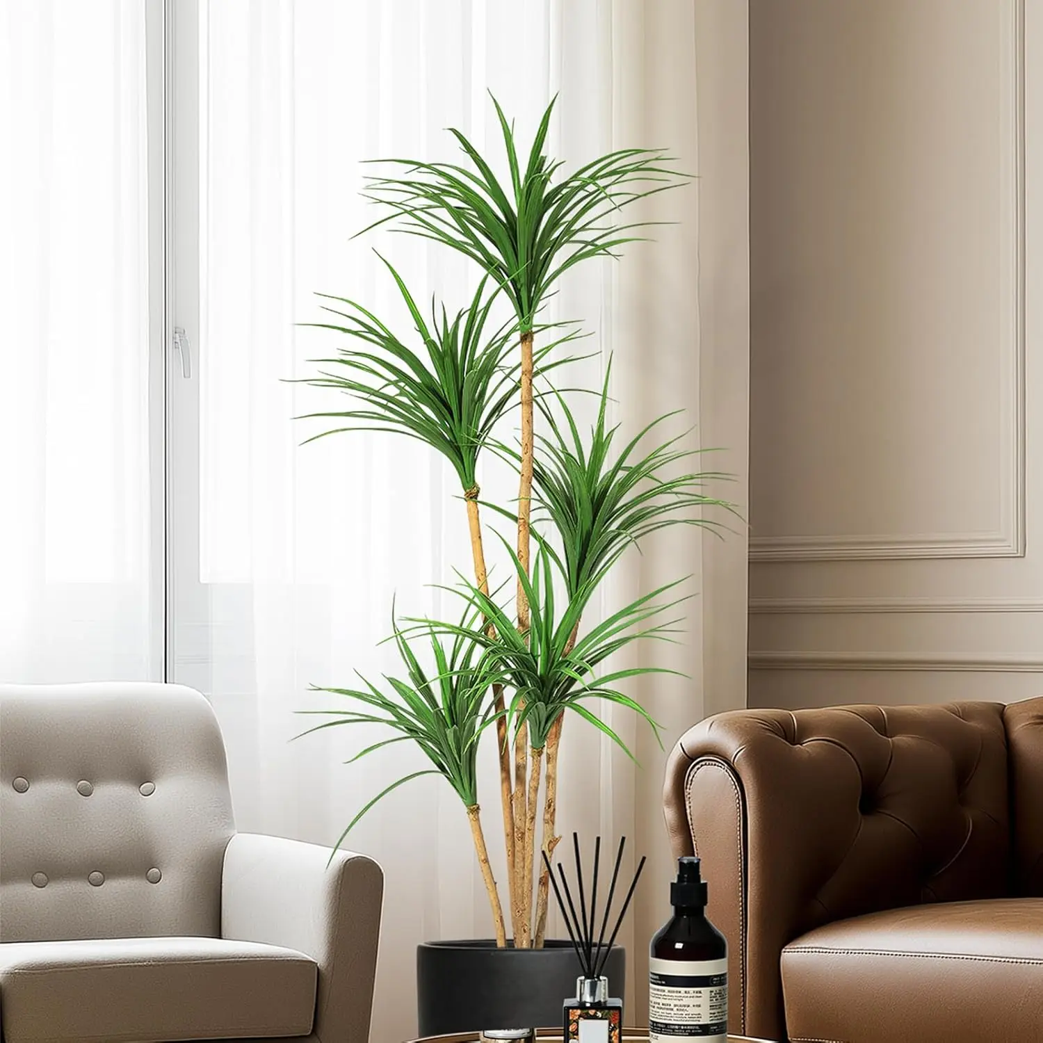 5FT Faux Plant Dracaena Tree - Low-Maintenance, Drought-Tolerant, Botanical Indoor Artificial Tree with Natural Wood Trunk, Moss Accent, Lifelike Yucca Silk Leaves, Tropical Home & Office Decor, Low-Maintenance Artificial Trees