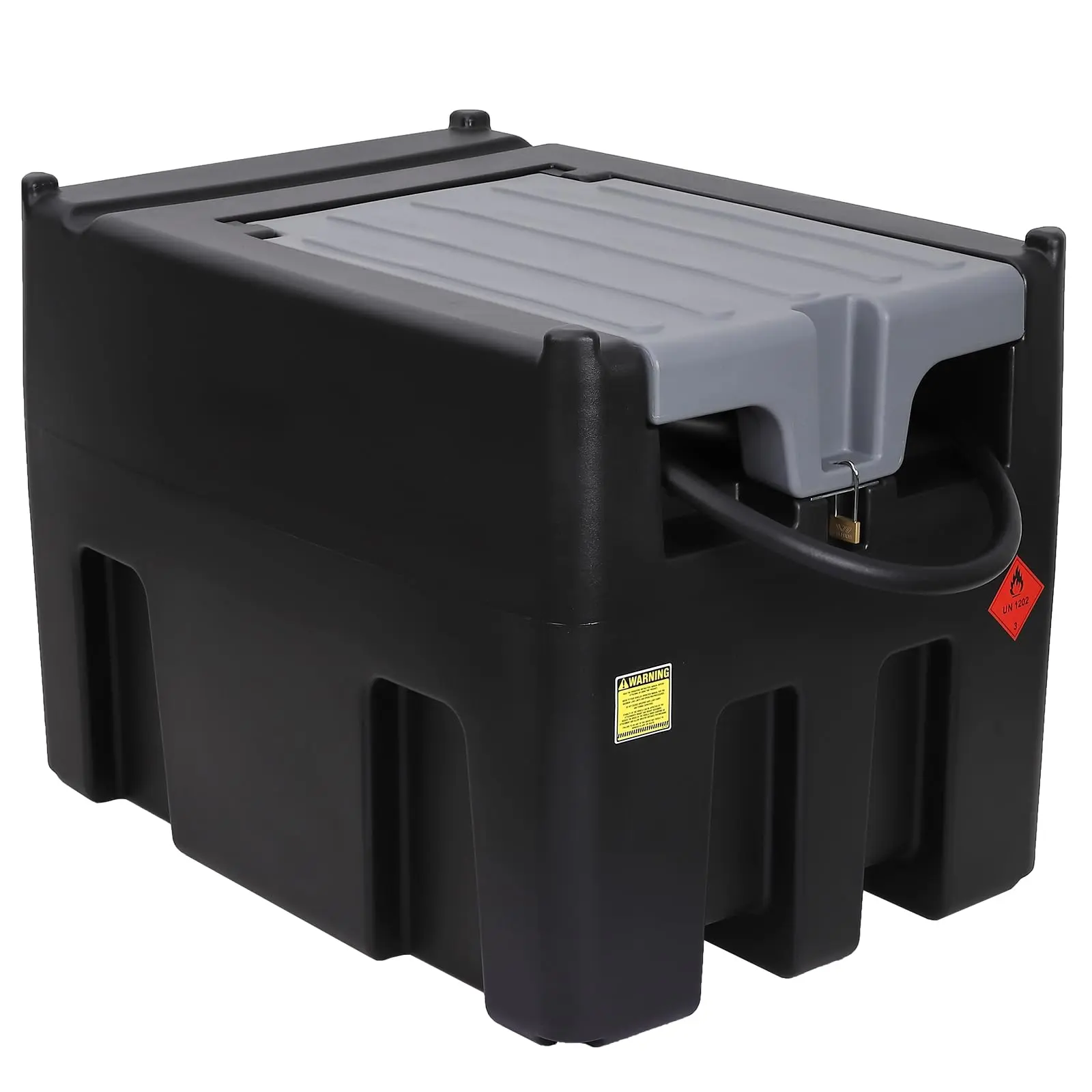 GARVEE 106-116 Gallon Portable Fuel Tanks with 12V Electric Pumps, 10 GPM Flow Rate, Auto Fueling Nozzle, and 13.1ft Hose for Easy Transportation in Red, Black, and Gray Colors.