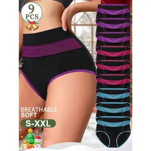 QUASTI 9PCS High-Waist Letter Collision Color Splicing Design Panties, Milk Silk High Elasticity Underwear for Women, Soft Comfortable Bold Color Blocks Design Pure Cotton Crotch, S-XXL