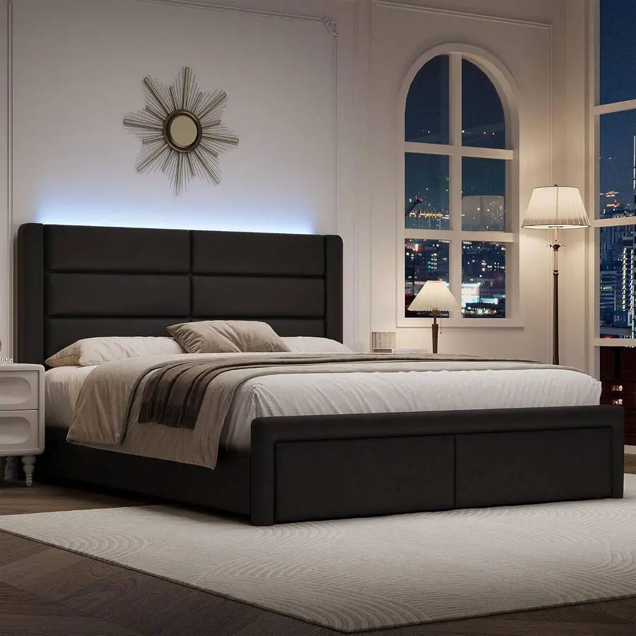 Twin/ Full/ Queen Size Bed Frame With Headboard And Footboard, PU Leather Upholstered Bed Frame With LED Lights, Modern Bed Frame With Wooden Slats Support, No Box Spring Needed, Easy Assembly, Black/ White/ Pink, Twin/ Full/ Queen