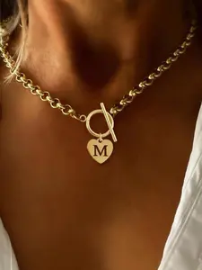 Heart-Shaped Cutout Initial Pendant Necklace — Stainless Steel Chain Necklace for Women — OT Clasp Initial Necklace — Elegant & Stylish Jewelry — Versatile, Chic, and Exquisite — Ideal Birthday Gift