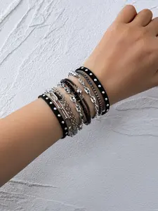 Dark Punk Style Multi-Layer Bracelet Set, Silver Rivet Leather Rope Metal Chain Stackable Wristbands, Unique Jewelry