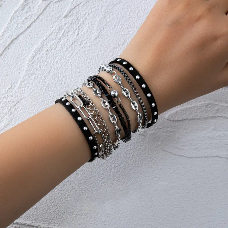 Dark Punk Style Multi-Layer Bracelet Set, Silver Rivet Leather Rope Metal Chain Stackable Wristbands, Unique Jewelry, Bracelets Stack