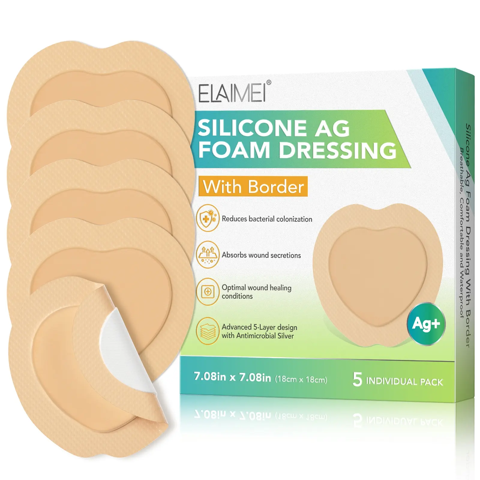 Elaimei Silicone Foam Dressing 5pcs, 7.08x7.08 Inch, Covers Protects Absorbs Wound Secretions, Moisture Balance for Cuts Scrapes Burns