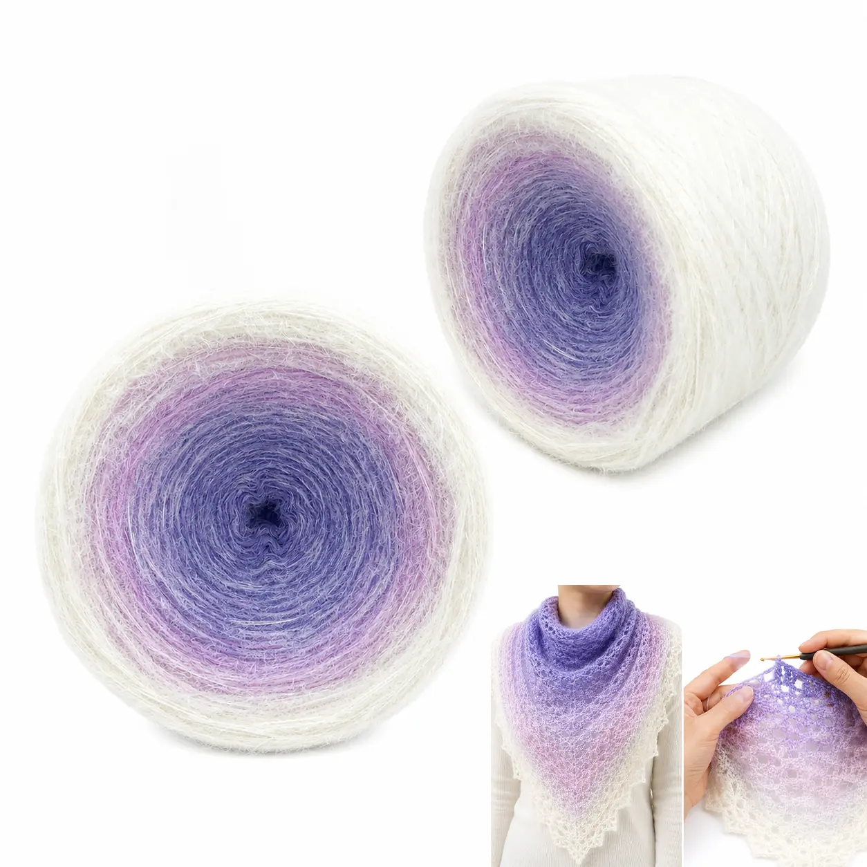 2 Pack 600g/21.16oz Long Hair Gradient Ombre Cake Yarn, Fluffy Crochet & Knitting Yarn with 2 Hooks & 8 Stitch Markers for Shawls, Blankets & Scarves