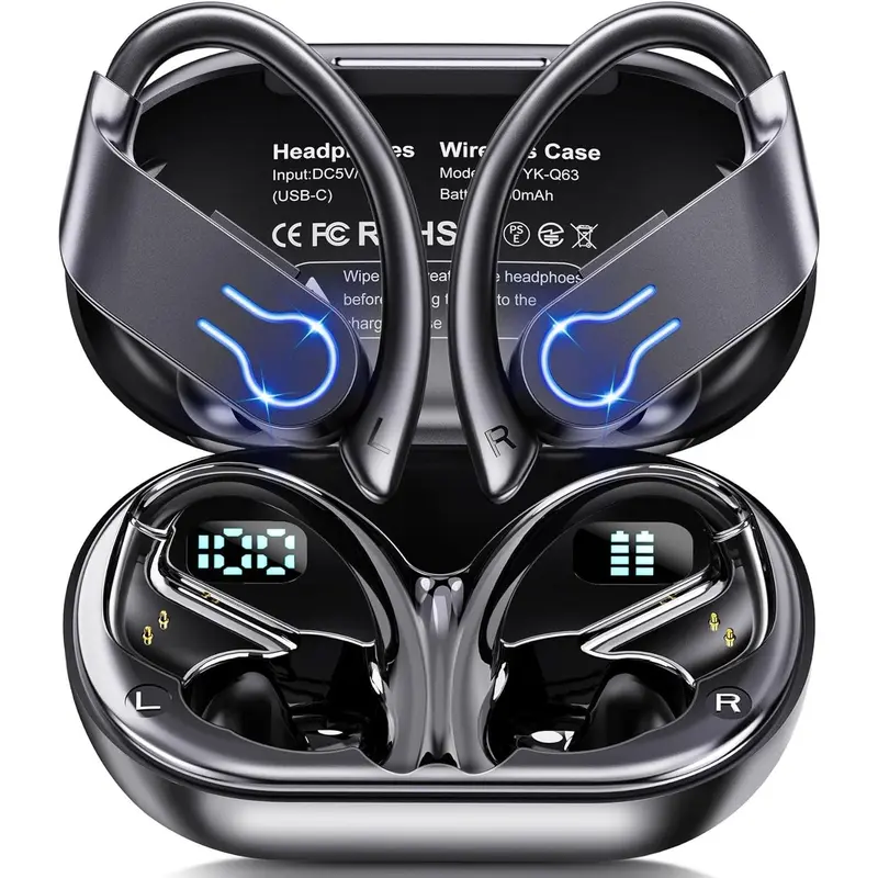 Wireless In-ear Design Earphone, Bluetooth-compatible 5.3 Earbuds with ENC Mic, Stereo Sports Headphones with Earhooks, Sweatproof Earphones, Waterproof Earbuds for Running, Music, Audio