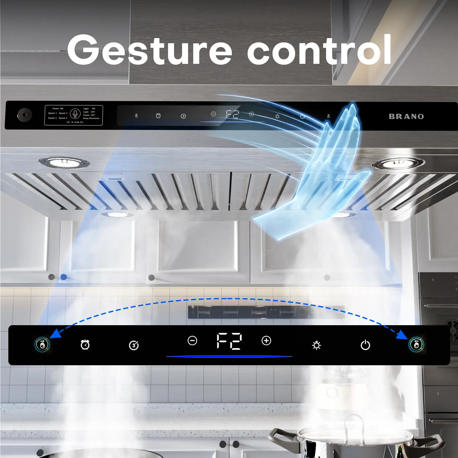 BRANO New 36-Inch Island Mount Range Hood, 900 CFM 4-Speed Stainless Steel Vent Hood with Voice/Gesture/Touch Control, Adjustable LED Lights, Grease Filter and Manufacturer Warranty