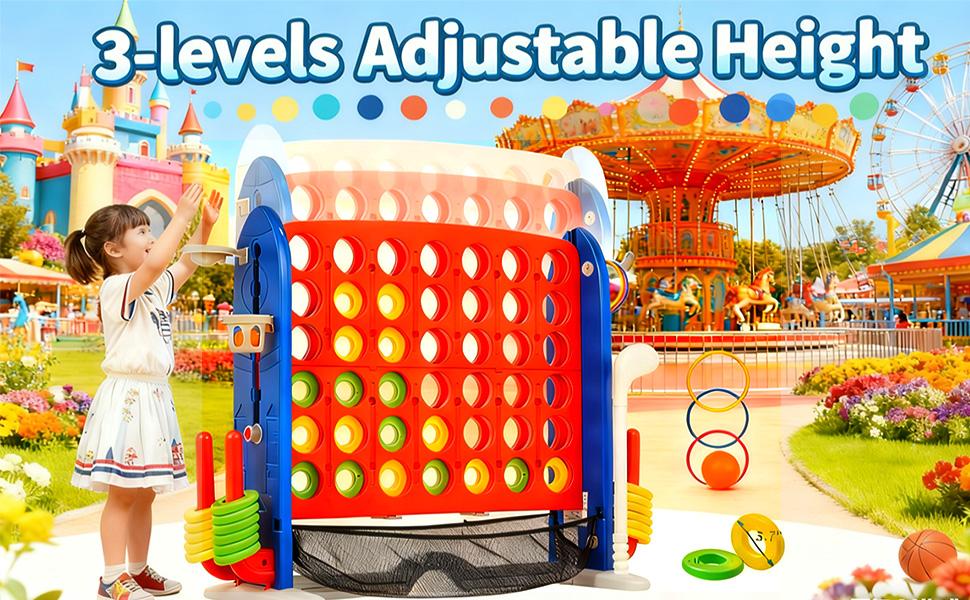 Giant 4-in-1 Connect Game Set, Jumbo 4-to-Score with Basketball Golf & Ring Toss, 3-Level Height Adjustable Yard Game for Kids & Family Indoor Outdoor Gatherings