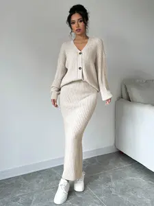 Women's 2 Piece Knit Skirt Set - Long Sleeve Ribbed Cardigan Top & Bodycon Maxi Sweater Skirt Outfit, Fall Winter Lounge Matching Set, Button Down V-Neck Knitwear Co-Ord for Casual, Office, or Travel Style, Soft Fitted Apricot Suits Feminine Slim