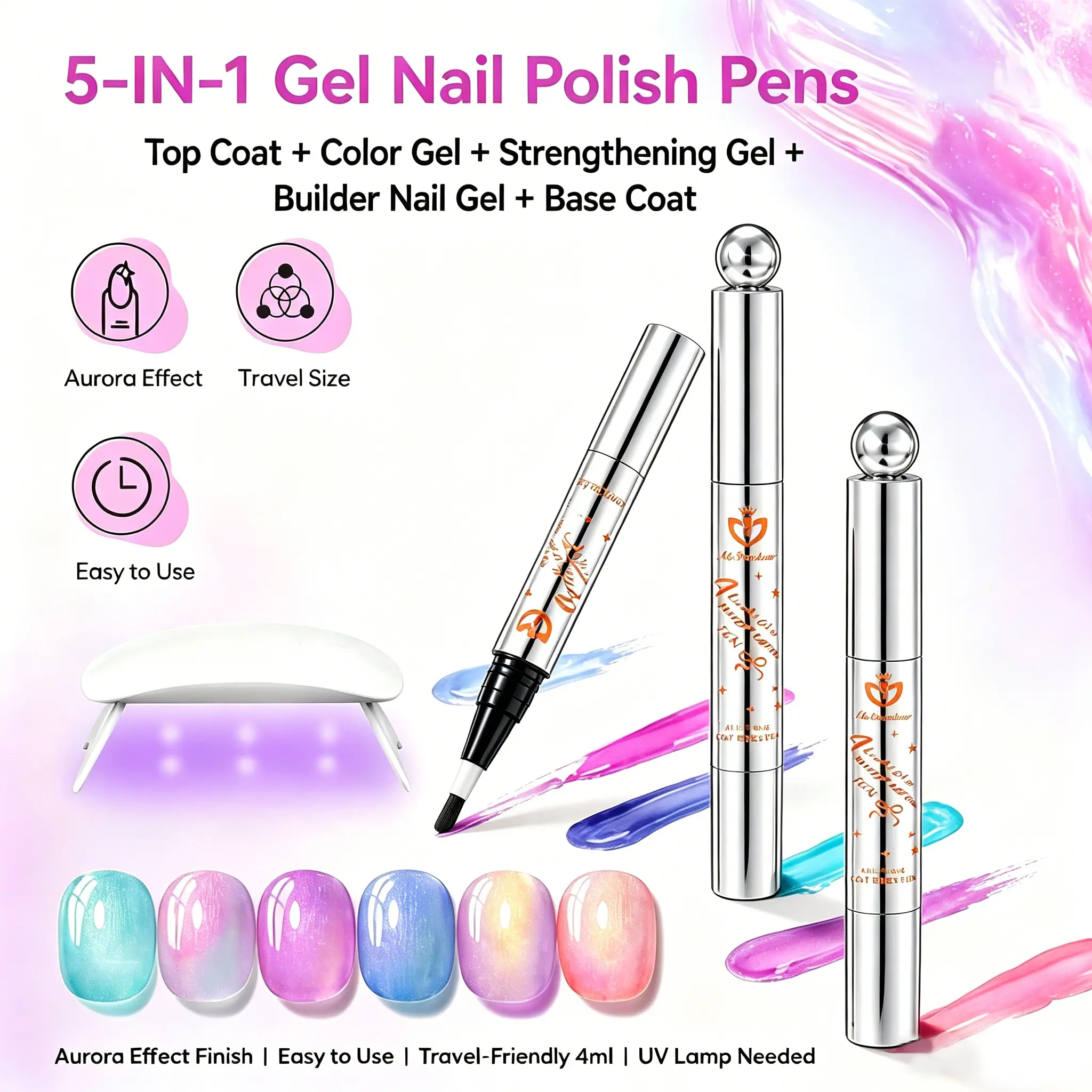 MS.Rainbow 5-in-1 Gel Nail Polish Pen, Aurora Effect Gel Nail Pen with Base Color Top Coat in One, Easy Apply UV/LED Curing Nail Polish Pen, Travel-Friendly No-Mess Manicure for DIY Nail Art