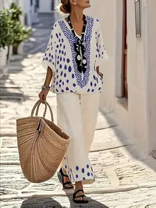 Polka Dot Print V-Neck Blouse And Wide Leg Loose Straight Pants Two Pieces Set, Casual Vacation Outfit For Women