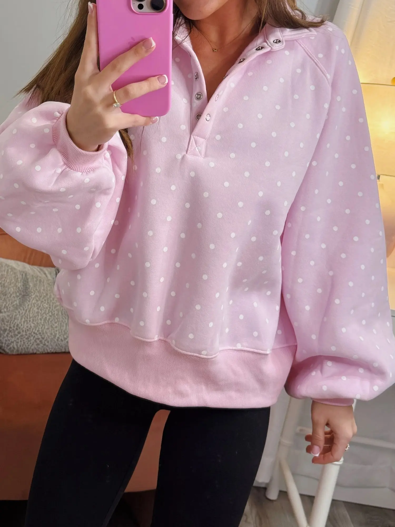 Women's Stylish Polka Dot Collared Long-Sleeve Loose Pullover Sweatshirt - Comfortable Polyester Chic Top with Decorative Metal Buttons, Ribbed Cuffs, Style, Everyday Wear Clothes, Gifts for Women,sohochic