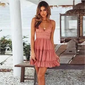 Women Boho Sundress V-Neck Lace Mini Dress Ladies Casual Summer Beach, Very Cute Sleeveless Womenswear Outfit Day