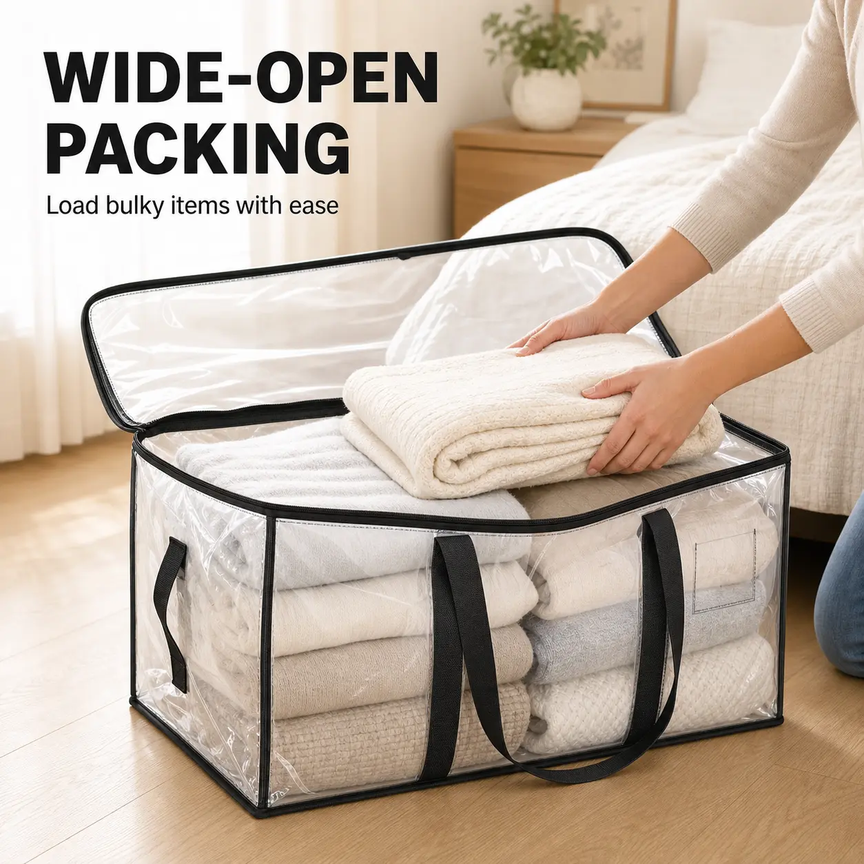 Heavy Duty Packing Bags with Wraparound Handles, Zippered Top and Label Pocket, Extra Large Foldable Moving Totes for Home Organization, Apartment Relocation, College Dorms, Travel and Camping