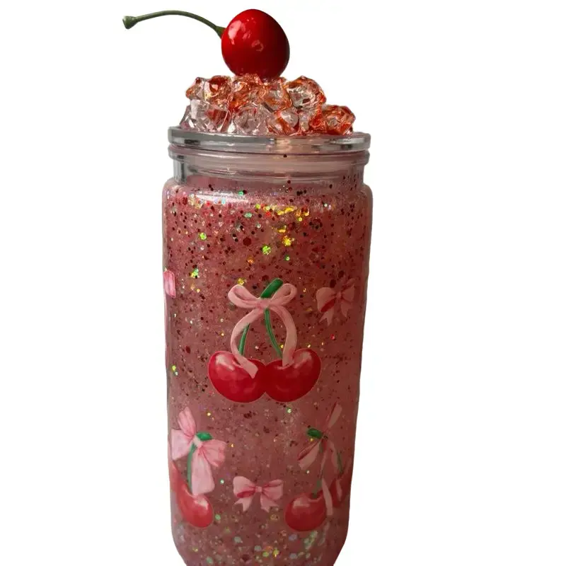 Cherries & Bows Glitter Snowglobe Cup with Sparkling Glitter Design and Cherry Decoration