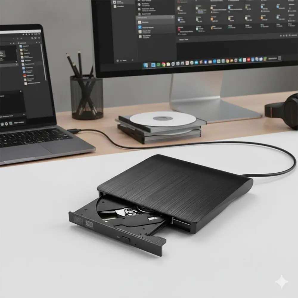 Ultra-Thin Portable USB 3.0 CD/DVD Rewriter Drive, 24x Speed, Plug & Play for Windows/Mac. Dual Power Cables, Shock Resistant Design. Compatible with Laptops & Desktops.