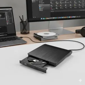 Ultra-Thin Portable USB 3.0 CD/DVD Rewriter Drive, 24x Speed, Plug & Play for Windows/Mac. Dual Power Cables, Shock Resistant Design. Compatible with Laptops & Desktops.