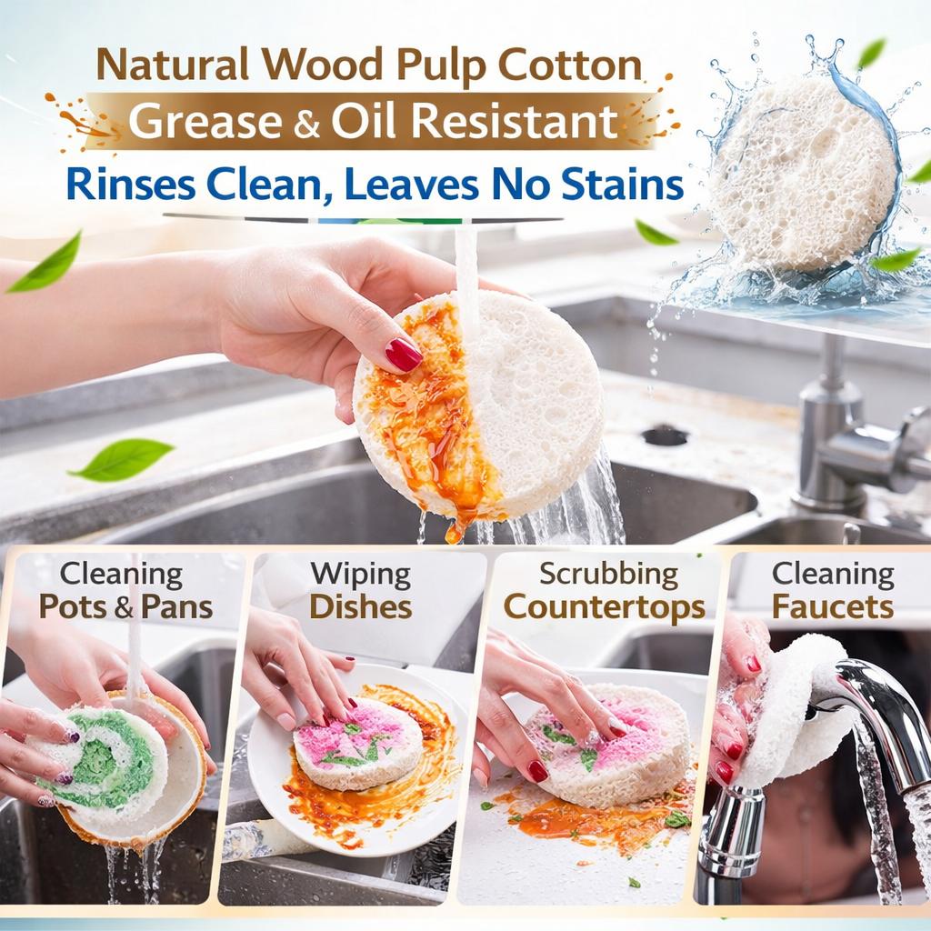 Wood-Based Eco-Friendly Cellulose Scrubber Pads - Scratch Free, Thickened Soft, High-Absorbency Expandable Foam Floral, 2026 Cute Home Care Cleaning Tools for Kitchen & Bathroom, Scratch Free Sponges, Scrubber Pad