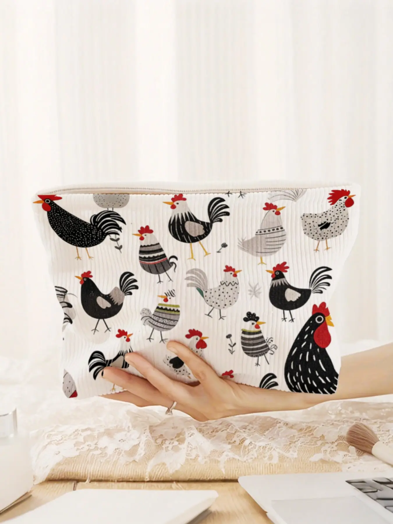 Cute Chick Pattern Makeup Bag, Cartoon Style Corduroy Handheld Cosmetic Pouch for Travel and Storage, Perfect Gift for Friends and Students, Cosmetic Bag For Purse, Cosmetics Bag, Portable Cosmetic Pouch