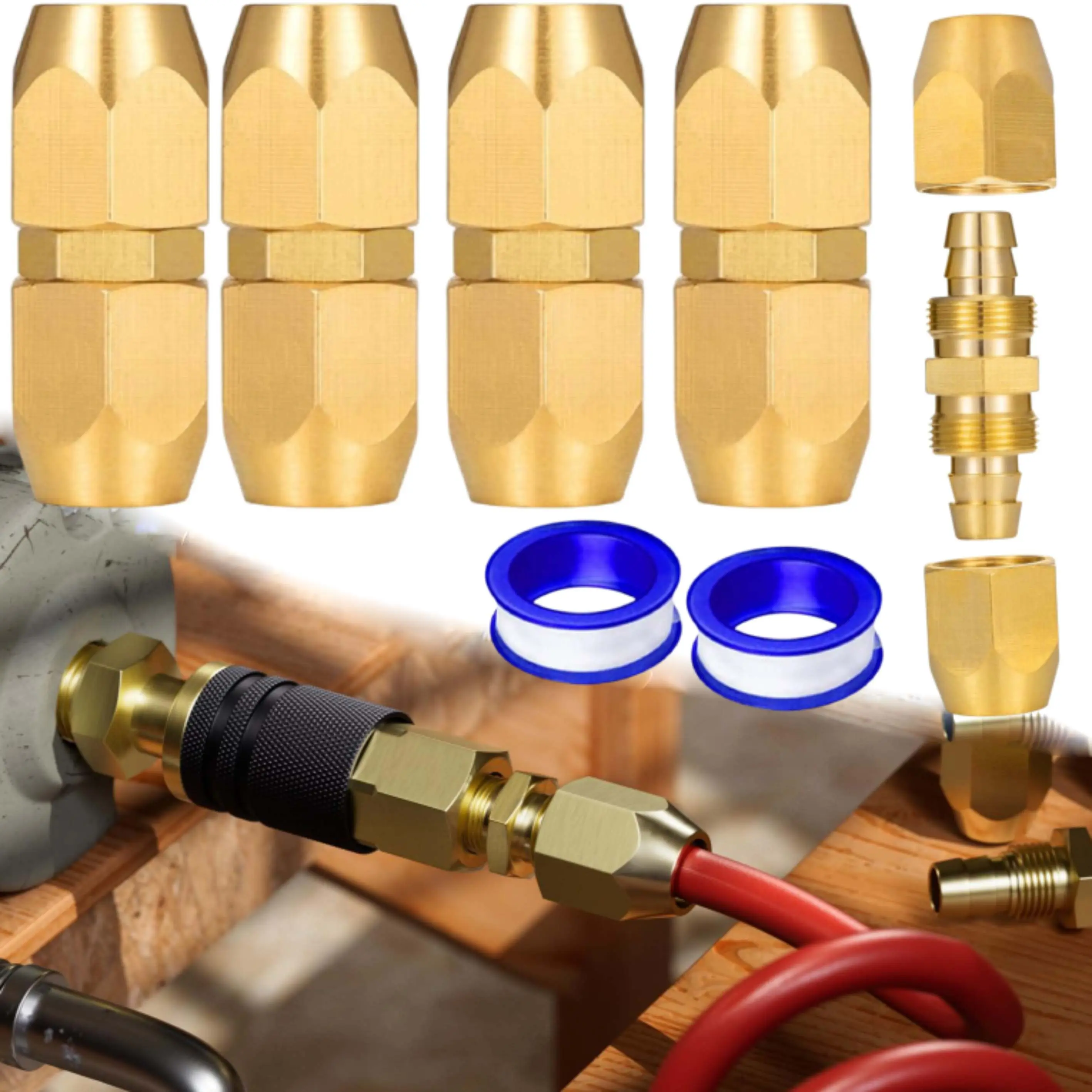 4PCS Soild Brass Air Reusable Hose Splicer For 1/4-Inch ID Hose,1/4" Air Hose Repair Fitting Air Tube Connectors Repair Kit with Tape Brass Connect Adapter