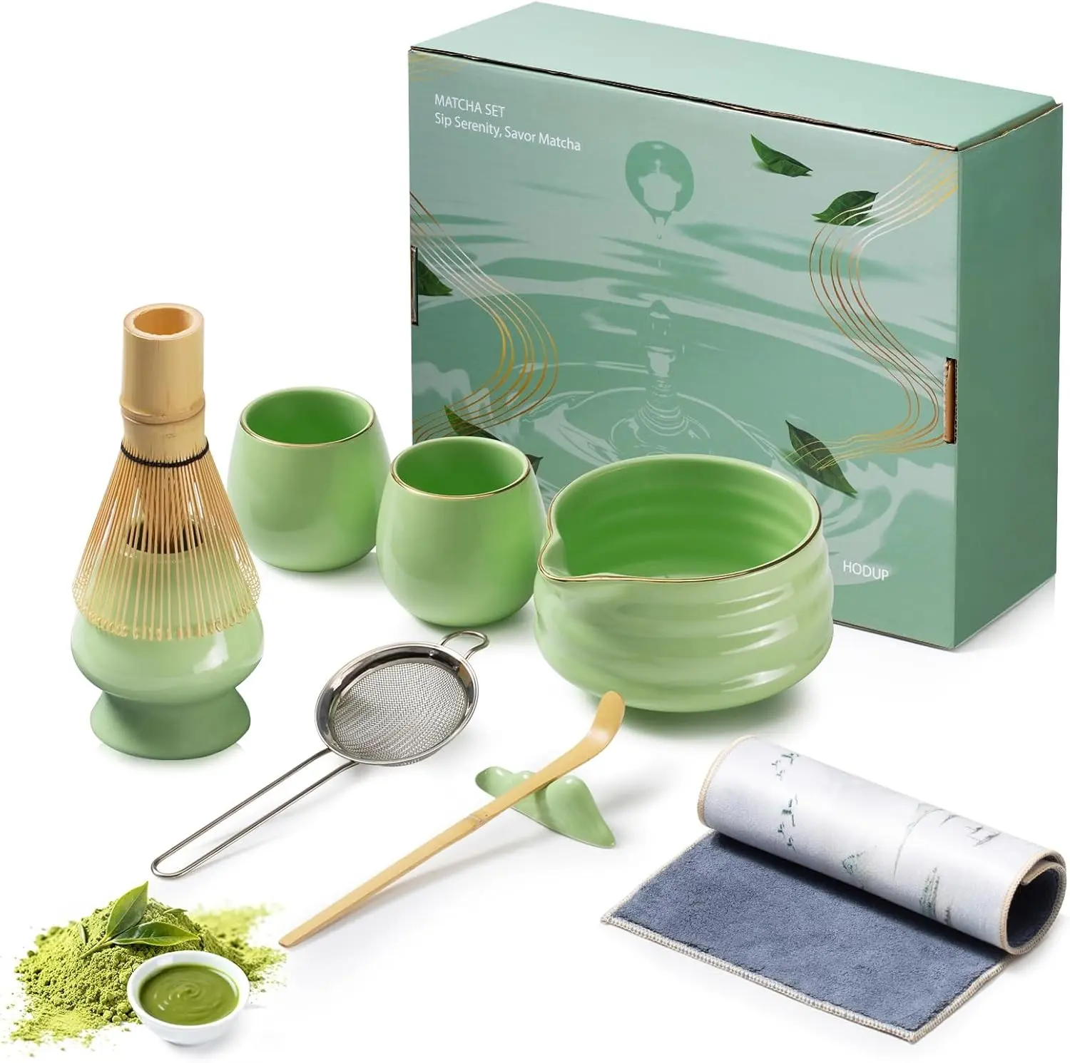 9-Piece Japanese Matcha Set Green Ceramic Tea Making Kit Gift Box 18oz bowl 2 gold-inlaid cups sifter & whisk holder handcrafted bamboo tools ideal gift for beginners & matcha tea lovers