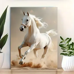 1 Piece Framed Canvas Wall Art - 30.48x 40.64cm White Arabian Horse Running on Beach, Modern Equestrian Decoration with Vibrant Colors and Dynamic Movement, Ready-to-Hang Home Office Living Room Painting, Simple Frame Design, Detailed Muscle Texture, 2D F