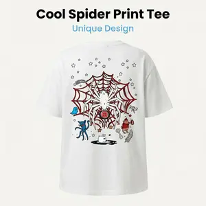 Women’s White Spider Web Graphic T-Shirt, Streetwear Aesthetic, Gothic Style, Short Sleeve Tee, Mystery Spider Cartoon Print, Casual Summer Top, Cotton Blend, Plus Size Street Style