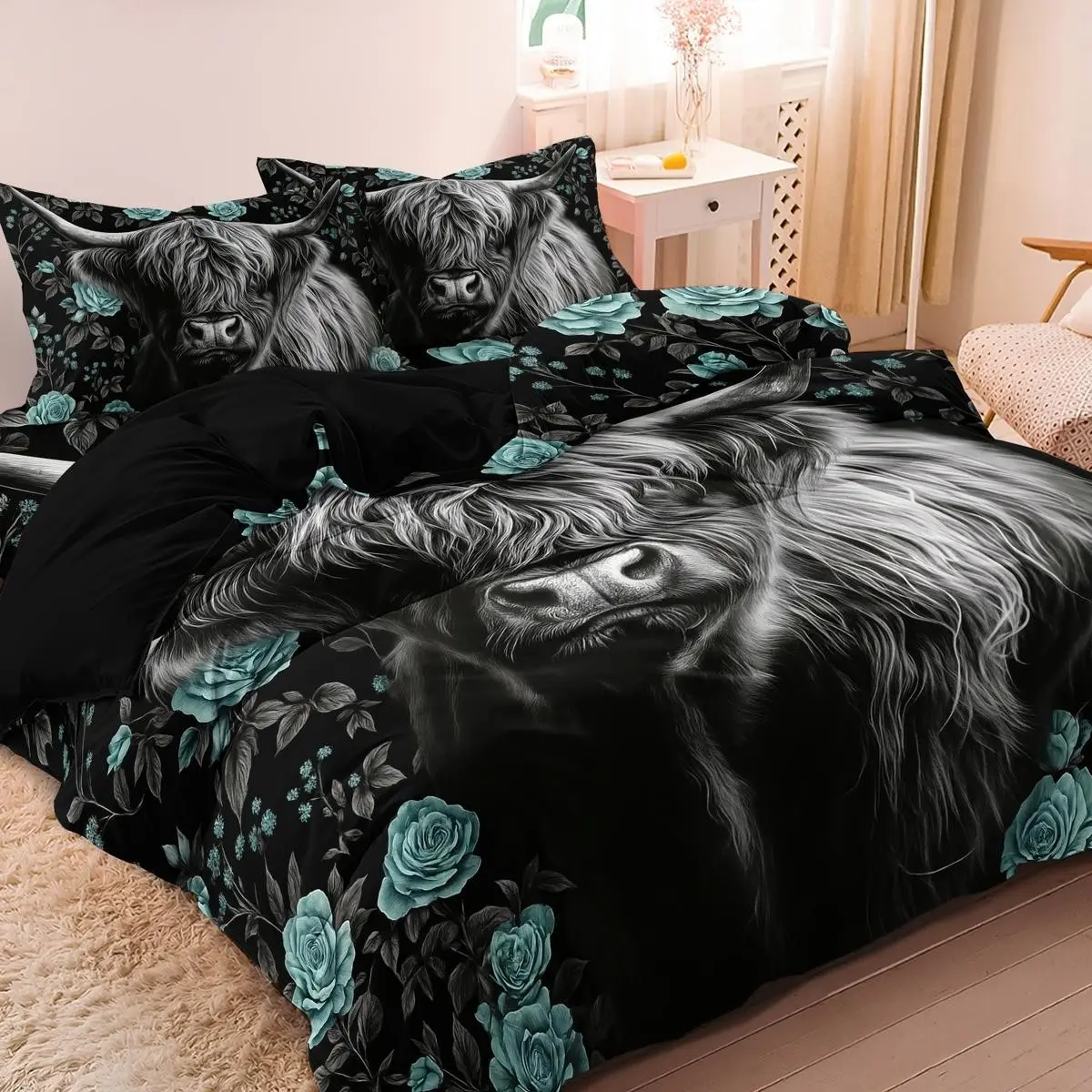 Highland Cow Digital Print No Filling Bedding Set, 3-Piece (1 Fitted Sheet + 2 Pillowcases), Polyester Fiber, Comfortable and Stylish