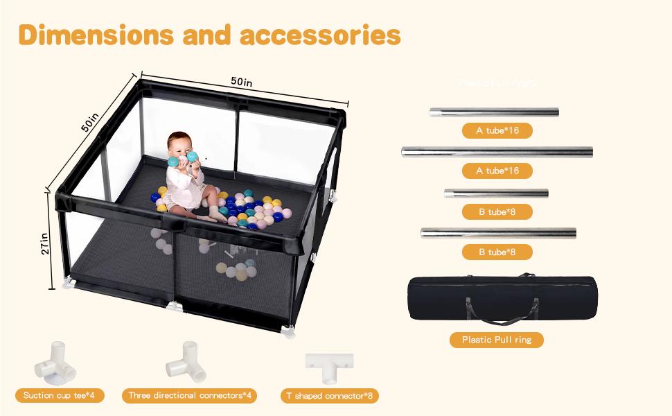 dearlomum 50" x 50"/ 71" x 59"Extra Large Baby Playpen for Babies and Toddlers, Safe Activity Center with Soft Play Fence, Indoor Safety Yard, Easy to Assemble and Clean，Noneremovable waterproof thick mat (Black/Gray)