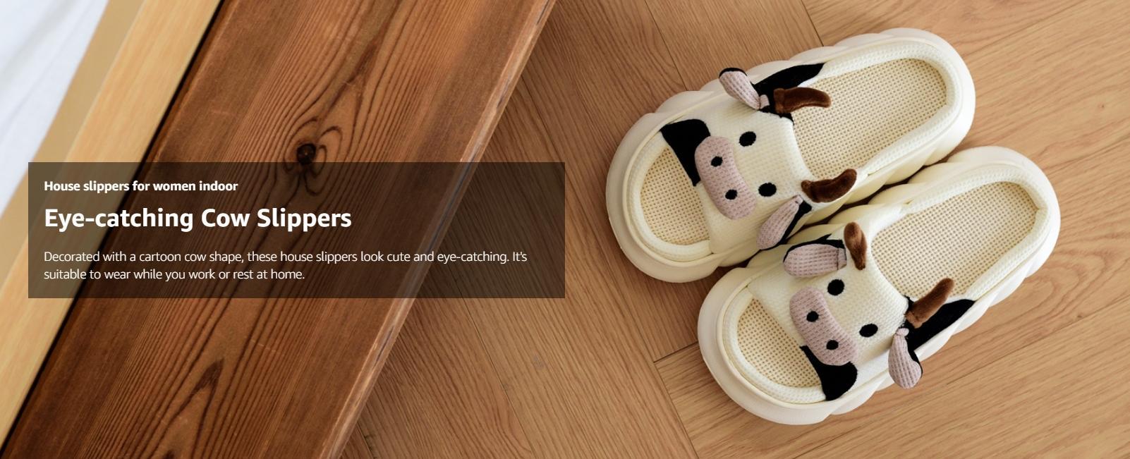 Women’s Cute Cow Print Cartoon Look House Slippers - Open-Toe Slip-On Shoes with Cushioned Bed, Non-Slip Sole, Lightweight All Seasons Indoor/Outdoor Footwear for Bedroom, Lounging