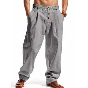 Men's Solid Color Linen Pants, Casual Comfy Breathable Straight Leg Trousers for Summer, Men's Bottoms for Daily Wear