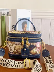 Fashionable PU Leather Handbag, Cute Cartoon Bear Print Bucket Bag, with Adjustable Strap, Casual Trendy Versatile High-quality Daily Commuting Bag, Unique Bags, Shoulder Bags