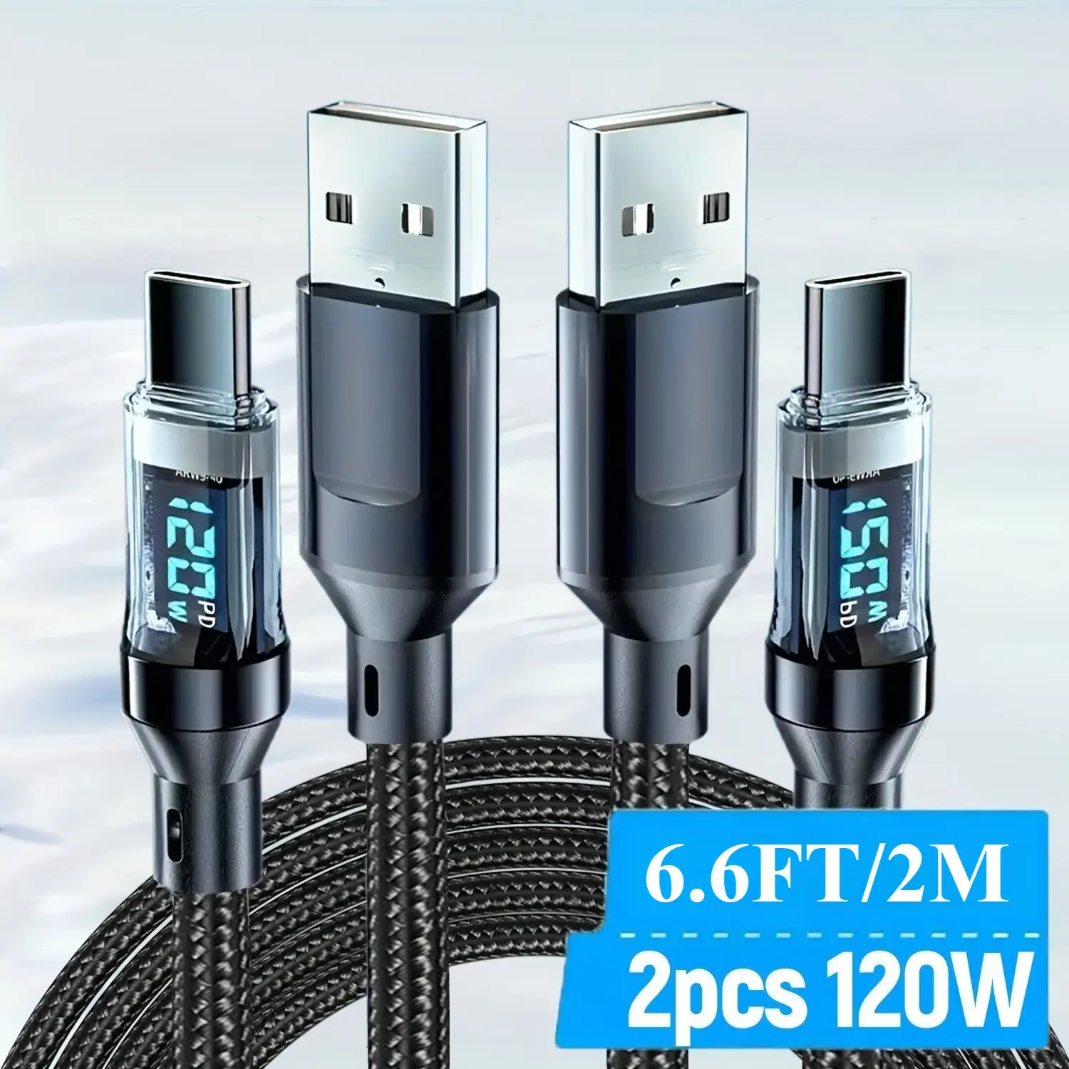Set of 2 High-Speed Charging 6.6FT Cables, Extremely Durable 120W Maximum USB A to Type C Charger Wire Featuring Real-Time Digital Readout, Compatible with Iphone, Samsung, Ipad, Tablets, And Various USB-C Devices