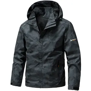 Men's Black Camouflage Outdoor Jacket, Waterproof Windproof Hooded Hiking Camping Windbreaker Coat
