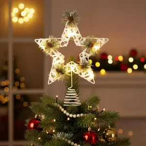 White Christmas Star Tree Topper Decor 8 x 11 Inch Farmhouse Rustic Lighted Metal Tree Topper Farmhouse Christmas Ornament for Xmas Holiday Seasonal Decorations