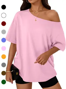 Women's Summer Shoulder-Exposed Sleepwear Set, Loose Fit Short Sleeve T-Shirt, Casual Home Wear, Outdoor Use, 1 Piece