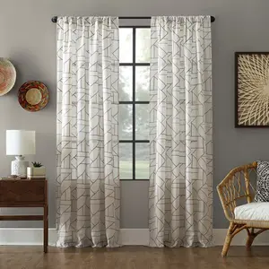 50"x108" Archaeo Light Filtering Jigsaw Embroidery Linen Blend Curtain Panel Gray/Linen: Mid-Century Modern Decor