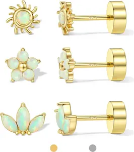925 Sterling Silver Flat Back Stud Earrings for Women Hypoallergenic 14K Gold Plated Cartilage Earrings for Sensitive Ears Small CZ Opal Conch Helix Tragus Piercing Jewelry 3 Pairs 20G