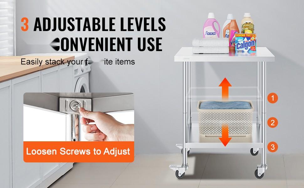 Stainless Steel Work Table With 4 Locking Wheels, 24 X 30 X 38 Inch, Three Adjustable Height Levels, Heavy Duty Food Prep Table For Commercial Kitchen, Restaurant Use, Silver Finish