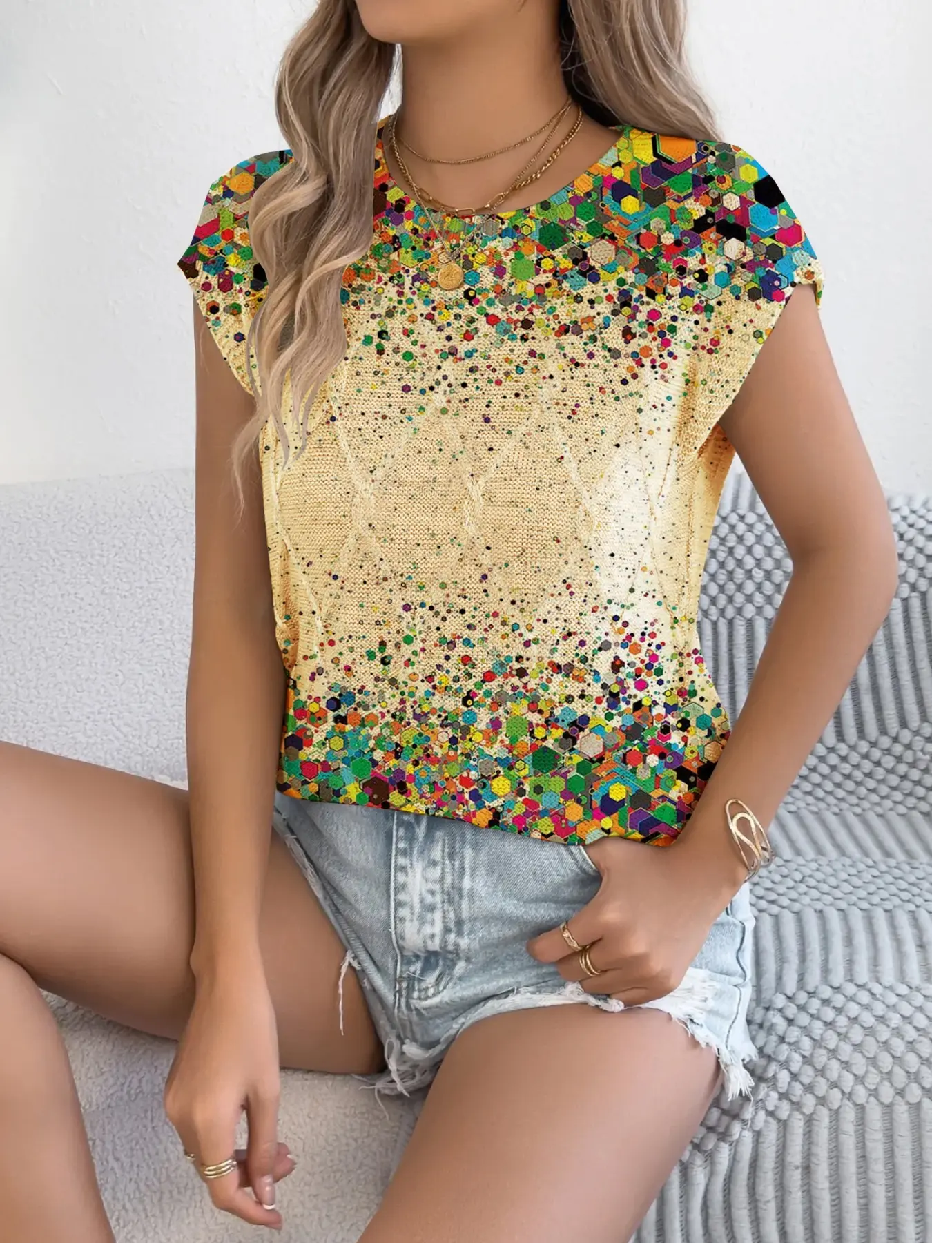 Women's Boho Geometric Gradient Print Mesh Knit Sweater, Round Neck Short Sleeve, Casual Breathable Top for Spring Summer Fall