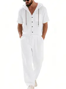 Fashion Men's Solid Linen Hooded Shirt And Pants Co-Ord Set, Relaxed Fit Breathable 2 Piece Outfit, Streetwear Lounging Holiday Daily Casual Linen Suit