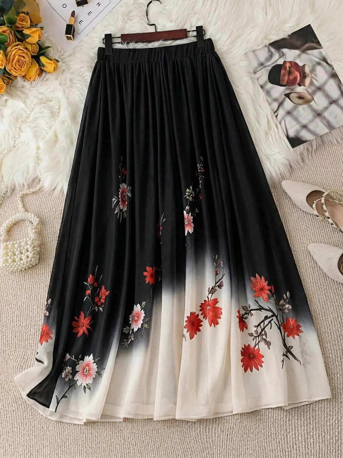 Plus Size Women's Elegant Chic Loose Floral Printed Colorblock Flare Long Vintage Skirt, Firerie Plus Design, Suitable for Formal Occasions, Loose Fitting Skirt