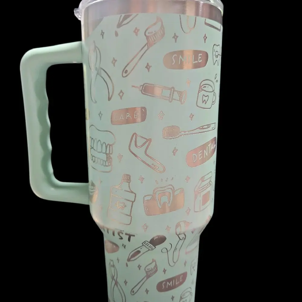 Mint Green Engraved Dentist Themed 40 oz Tumbler with Dentist Icons and Smile Design
