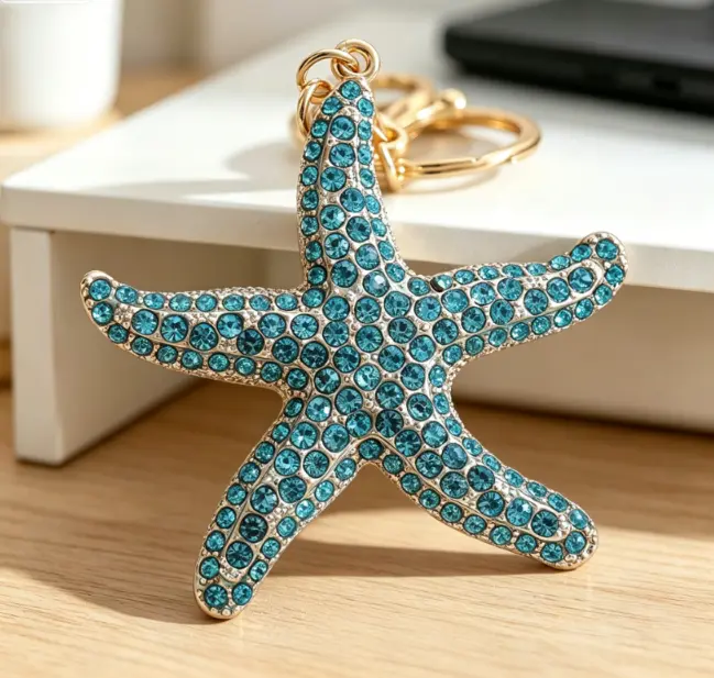 Handmade Sparkly Rhinestone Starfish Keychain (6.5cm) - Cute Ocean Bag Charm for Purse & Backpack, Gift for Girls & Ocean Lovers