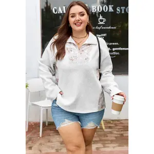 Gray Camo Leaves Patchwork Zipped Collar Pullover Plus Size Sweatshirt