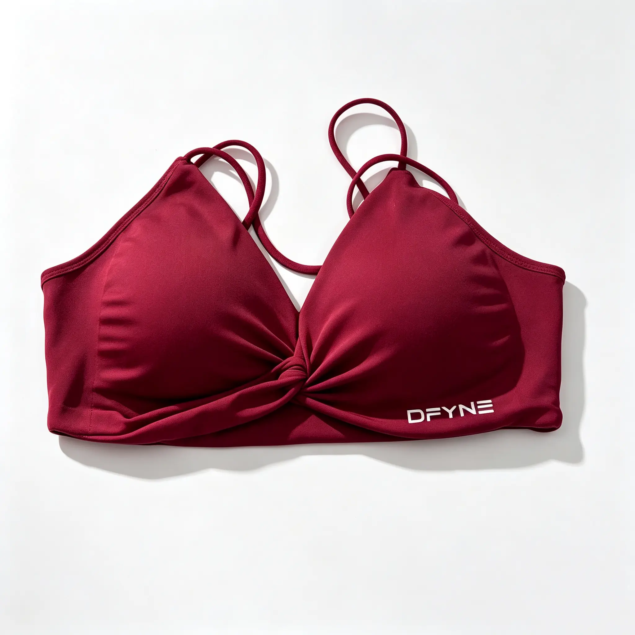 DFYNE Women Twist Front Spaghetti Strap Sports Bra with Removable Pads, Naked Soft Nylon Cross Back Yoga Bra, Medium Support Athletic Workout Bra for Gym Running Daily Layering