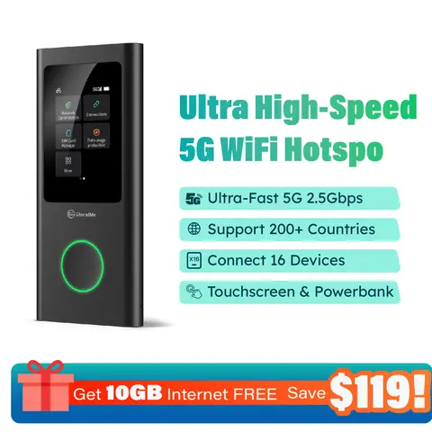 GlocalMe Numen Air 5G Wireless WiFi Hotspot - 802.11ac Dual-Band WiFi Pocket Device, 2.5Gbps Ultra-High Speed, No SIM Card Needed, Travel Use in 200+ Countries, 16 Connected Devices, Acts as Hotspot & Power Bank