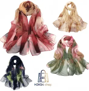 Female Large Size Sheer Drape Floral Print Chiffon Silk Scarf - Lightweight Lotus Flower Shawl, Breathable Neck Wrap, Versatile Accessory for Beach & Everyday Use, for Those Who Enjoy Stylish and Comfortable Wear