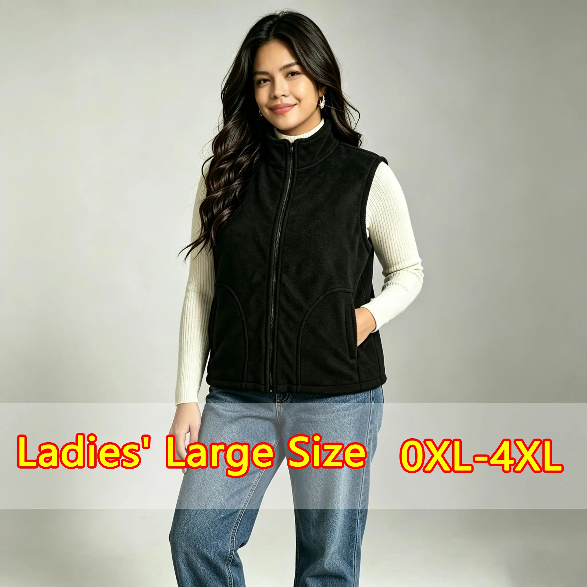Plus-size women’s stand collar fleece zip vest, sleeveless warm layering shrug for autumn/winter, solid black casual outerwear