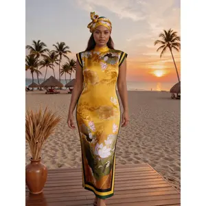 Floral Print Dress with Scarf, Women's Fashion Print Long Robe Set, Matching Moomoo Dress + Scarf Headband, Casual Woven Fabric, Thin All-Season Wear, Beach Sun Protection